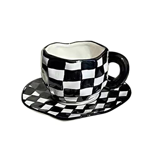 Taza monocromática nórdica Taza de tablero de ajedrez blanco y negro Taza de cerámica Ins Taza de café Plato de té Tazas de té de la tarde Tazas creativas