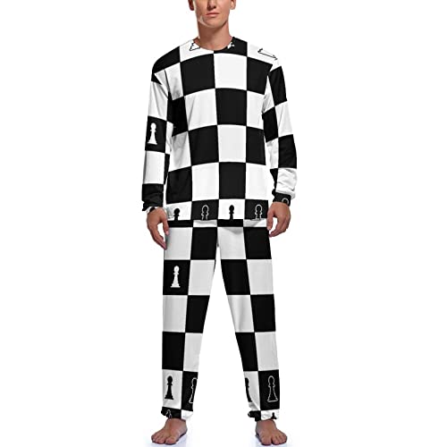 Diseño blanco y negro de un tablero de ajedrez suave pijama conjunto para hombres 2 piezas pijama parte superior e inferior camisón ropa de dormir