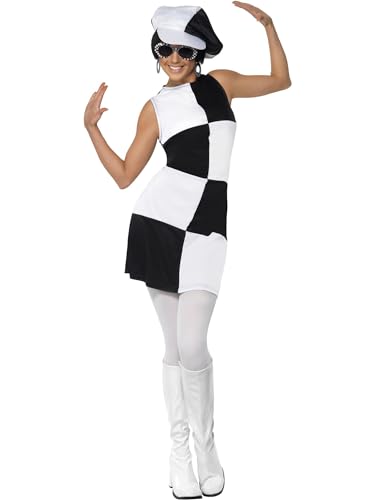 Smiffys Disfraz de fiesta chica años 60, negro y blanco, con vestido y sombrero