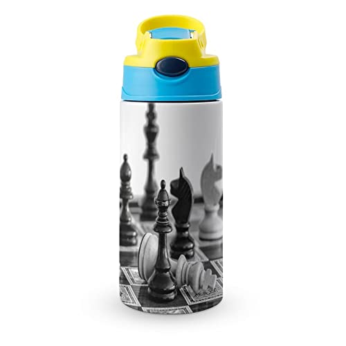 Botella de agua con pajita, ajedrez, aislada, de acero inoxidable, taza de vacío de 500 ml para la escuela