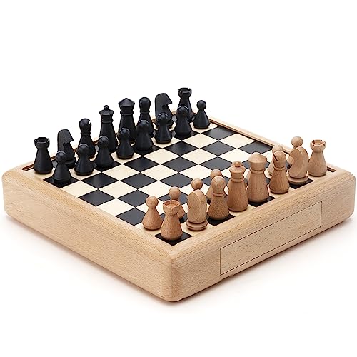 A&A Juegos de ajedrez de madera de haya de 11 pulgadas con cajón de almacenamiento, figuras modernas de lujo, caja decorativa de haya con piezas de ajedrez de madera, idea de regalo para juegos de