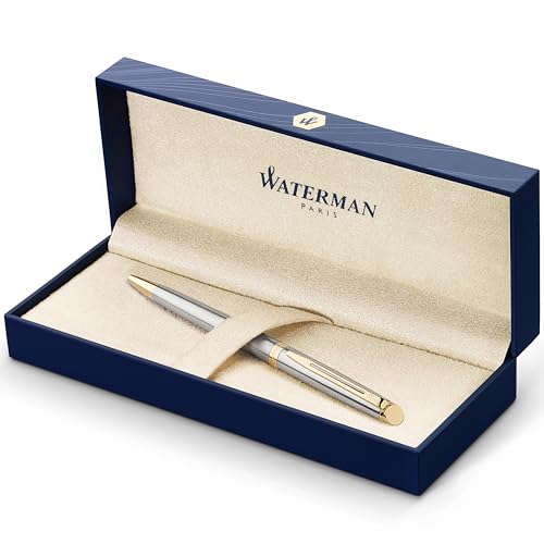 Waterman Hémisphère bolígrafo, acero inoxidable con adorno de oro de 23 quilates, punta media con cartucho de tinta azul, estuche de regalo, 1 Unidad (Paquete de 1)