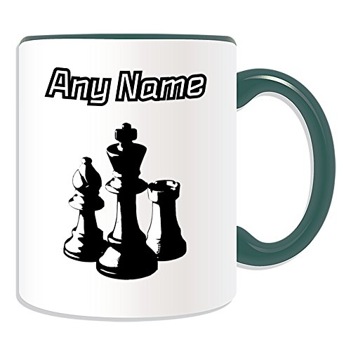 Taza personalizable, diseño de ajedrez blanco y negro (tema de diseño deportivo y de pasatiempos, opciones de color) – cualquier nombre/mensaje en su único – tablero de ajedrez juego de mesa rey rook
