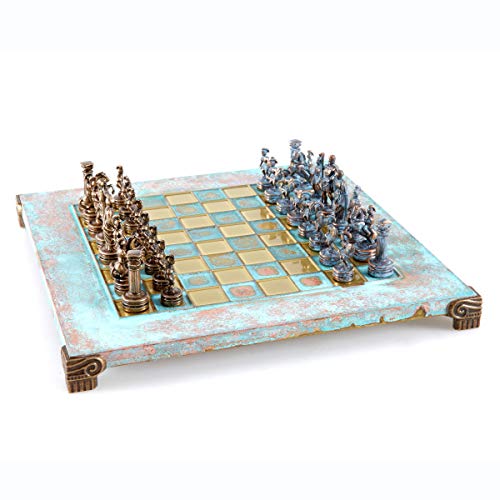 Juego de ajedrez del ejército romano griego - azul y cobre con tablero oxidado azul