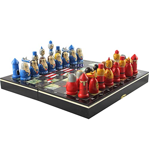 Juego de ajedrez de recuerdo de madera, piezas de ajedrez matrioshka de líderes mundiales, juego de mesa único temático de ajedrez ruso juego de muñecas de anidación