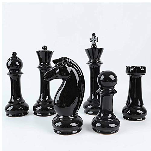 Hwydo Juego de 6 piezas de ajedrez de cerámica, diseño de caballo y reina, color negro