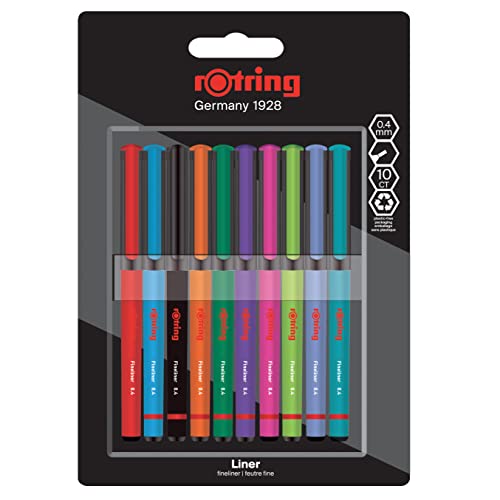 Rotring Liner bolígrafos de punta fina | 0.4 mm | Bolígrafos de colores para escribir y dibujar | Envase sin plásticos | Colores variados | 10 unidades