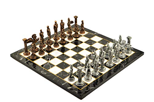 Juego de ajedrez de metal para adultos, figuras mitológicas medianas de cobre antiguo, piezas hechas a mano, tablero de ajedrez de madera con diseño de mármol, tamaño King 3.35 pulgadas