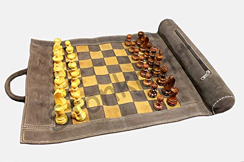 StonKraft 19 'x 15' (Tablero de ajedrez tamaño 12 'x 12') Genuino Juego de ajedrez de Cuero Enrollable - con Piezas de ajedrez de Madera - marrón Gris | Viene con una Bolsa de Transporte innovadora