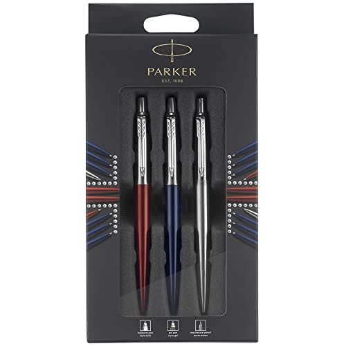Parker Jotter London - Paquete Trio Discovery bolígrafo de color azul Royal, bolígrafo de gel de color rojo Kensington y portaminas de acero inoxidable