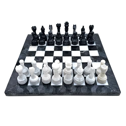 Juego de ajedrez de mármol, 30 cm, incluye 32 piezas de ajedrez, color negro y blanco-gris, producto natural, hecho a mano, idea de regalo