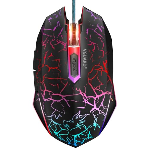 VGUARD Ratón Gaming con Cable, 4 dpi Ajustables hasta 2400, Gaming Mouse Óptico, Ratón Ergonómico Óptico RGB con 6 Botones y LED 7 Colores para PC, Portátil. (Versión Mejorada) - Negro