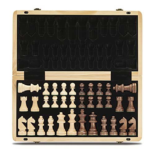 A&A Juego de ajedrez magnético Plegable de Madera de 38,1 cm con Piezas de ajedrez Staunton de 7,6 cm de Altura - Caja de pino con Incrustaciones de Nogal y Arce