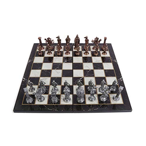 GiftHome Royal Medieval British Army - Juego de ajedrez de cobre antiguo para adultos, piezas hechas a mano y diseño de mármol, tablero de ajedrez de madera, tamaño King 3,35