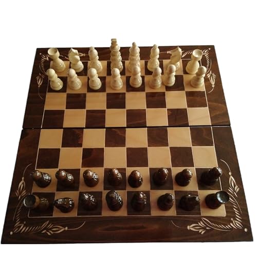 Juego de ajedrez de madera backgammon, damas, 44x44 cm caja de tablero de ajedrez de madera de haya tallada, pieza de ajedrez de madera avellana, juego de mesa educativo (Marrón)