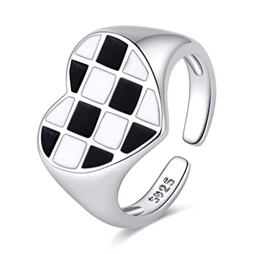 Aukmla Anillo de tablero de ajedrez, anillos de corazón de plata, anillos con patrón de bloques blancos, anillo abierto ajustable, anillo de banda a cuadros para mujeres y niñas