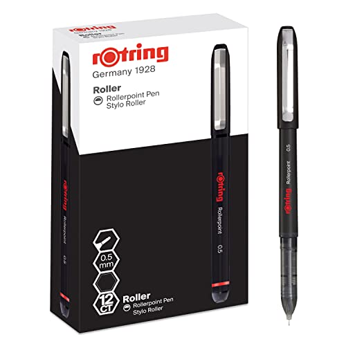 rOtring bolígrafo rollerball, punta de aguja (0,5 mm) para una escritura precisa, tinta negra, 12 unidades