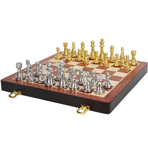 HUIOP Juego de ajedrez magnético de Viaje, Piezas de ajedrez de Metal Dorado y Plateado, Tablero de ajedrez de Madera Plegable