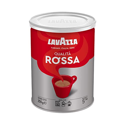 Lavazza, Qualità Rossa, Café Molido Natural, Ideal para Cafetera Italiana, de Filtro y Francesa, con Notas Aromáticas de Chocolate, Arábica y Robusta, Intensidad 5, Tueste Medio, Lata de 250 g