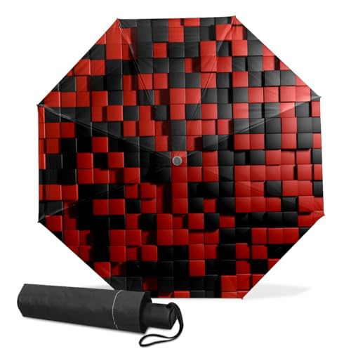 GISPOG Paraguas plegable automático, negro y rojo, diseño de tablero de ajedrez, impermeable, compacto, paraguas de viaje para sol y lluvia, para mujeres y hombres, 1 color, Taille unique