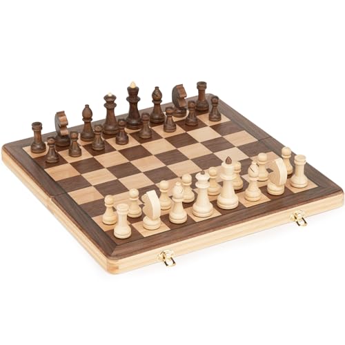 Exquisito Juego de ajedrez Plegable de Madera de 38 cm con Piezas de 7,6 cm de Altura de Rey - Tablero con Incrustaciones de Nogal y Arce