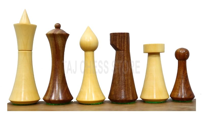 Piezas de ajedrez únicas minimalistas Hermann Ohme - Sheesham (palisandro dorado) y boj natural, 2 reinas extra - TAJ CHESS STORE
