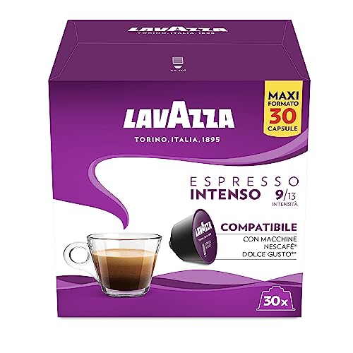 Lavazza, Espresso Intenso, 30 Cápsulas Compatibles con Máquina Nescafé Dolce Gusto, con Notas Aromáticas de Caramelo, Arábica y Robusta, Intensidad 9/13, Tueste Oscuro, 3 x 10 Cápsulas