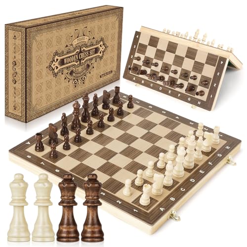 Peradix Juego de Ajedrez 38cm / 2 Extra Reinas, Ajedrez Madera Magnético de Viaje，Plegable Profesional para Niños y Adultos, Chess Set