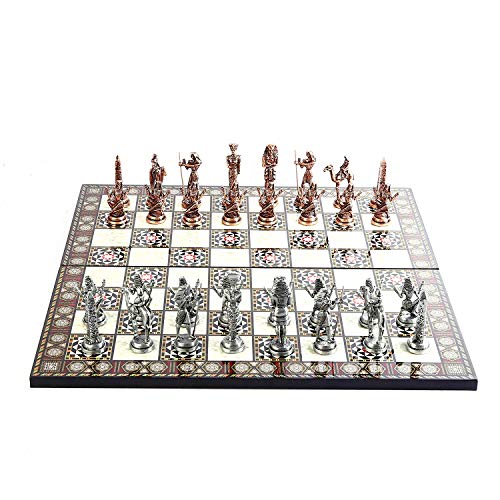 GiftHome Antiguo Egipto Faraón Figuras de cobre antiguo juego de ajedrez de metal para adultos, piezas hechas a mano y diseño de mosaico, tablero de ajedrez de madera King 3.4