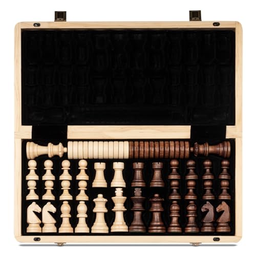 A&A Juego de ajedrez magnético Plegable de Madera de 38,1 cm con Piezas de ajedrez Staunton de 7,6 cm de Altura - Caja de pino con Incrustaciones de Caoba y Arce