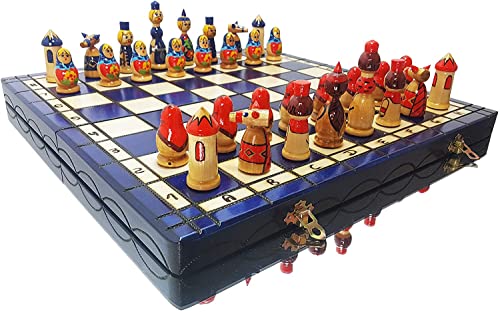 Master of Chess Tablero Ajedrez Madera con Piezas “Matryoshka ” 42 cm - Pintura a Mano Grande Juego de Ajedrez para Niños y Adultos