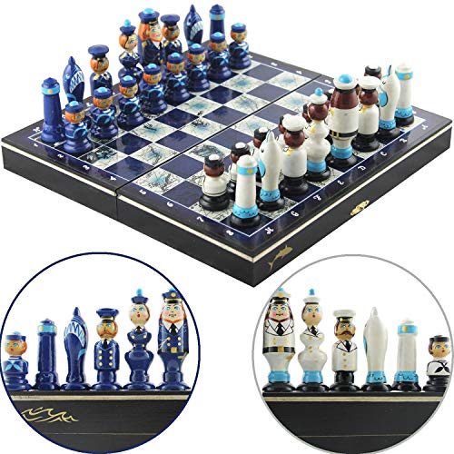 Decoraciones náuticas para el hogar, juego de ajedrez temático con piezas de ajedrez hechas a mano, muñecas rusas de madera, marineros, decoración de playa o velero, regalo divertido de vela azul