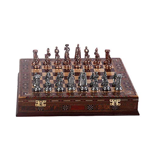 Juego de ajedrez medieval de metal de cobre antiguo del ejército británico para adultos, piezas hechas a mano y tablero de ajedrez de madera maciza natural con diseño de perlas alrededor de la tabla y