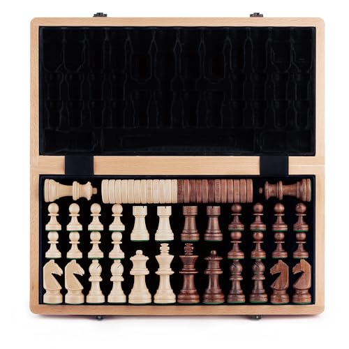 A&A Juego de ajedrez magnético Plegable de Madera de 38,1 cm con Piezas de ajedrez Staunton de 7,6 cm de Altura - Caja de pino con Incrustaciones de Caoba y Arce