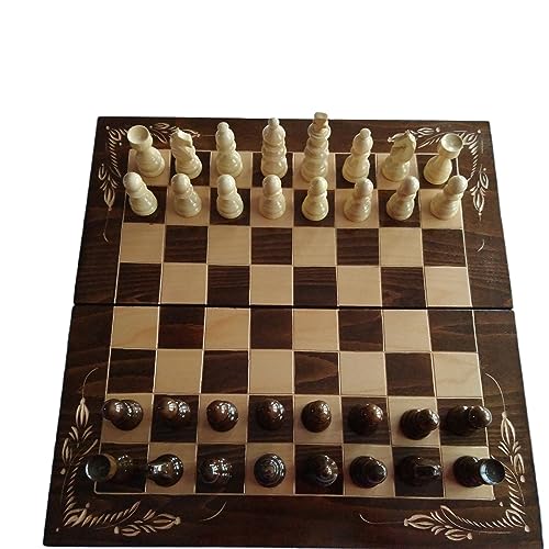 Juego de ajedrez de madera tallada Caja de madera de haya 50x50 cm con piezas de ajedrez de madera de avellana Damas backgammon (Marrón)