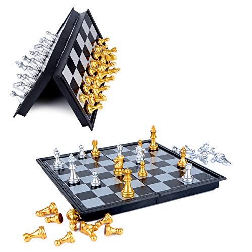 Hoshin Juego de ajedrez, Juego de ajedrez magnético Plegable portátil clásico con Aluminio Platino (25x25x2cm)