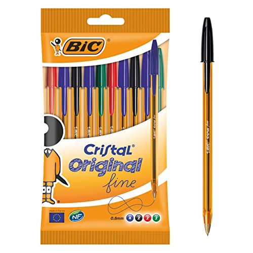 BIC Cristal Original Fine - Bolígrafos punta fina (0.8 mm), Blíster de 10 unidades, Colores Surtidos