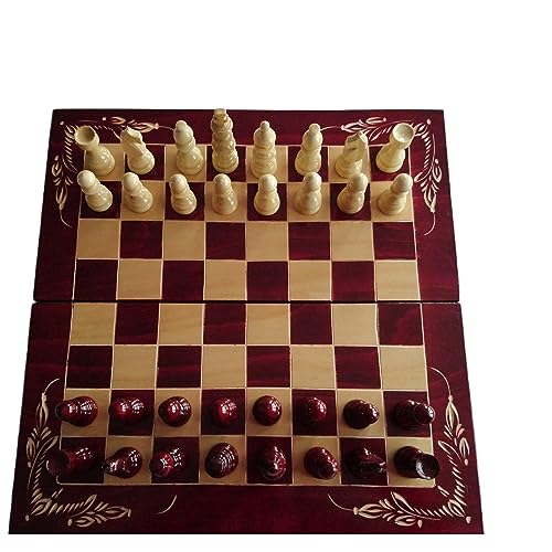 Juego de ajedrez de madera tallada Caja de madera de haya 50x50 cm con piezas de ajedrez de madera de avellana Damas backgammon (Rojo)