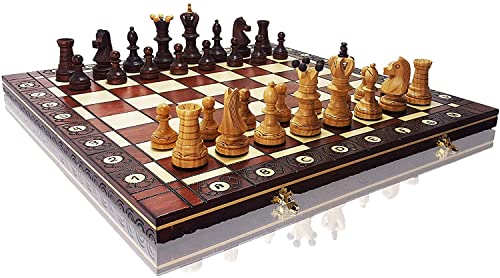 Master of Chess Tablero Ajedrez Madera “Great AMBASSADOR” 54 cm - Hecho a Mano y Grande Portatil Juego de Ajedrez para Niños y Adultos - Adornos Quemados