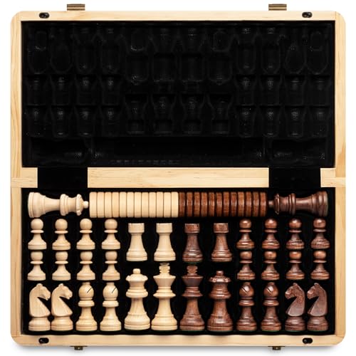 A&A 15' Magnetic Wooden Chess & Checkers Set/Folding Board / 3' King Height German Knight Staunton Chess Pieces/Walnut & Maple Inlaid /2 Extra Queen