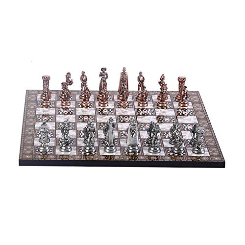 Juego de ajedrez medieval de metal de cobre antiguo del ejército británico para adultos, piezas hechas a mano y diseño de mosaico, tablero de ajedrez de madera, tamaño King 2.75 pulgadas