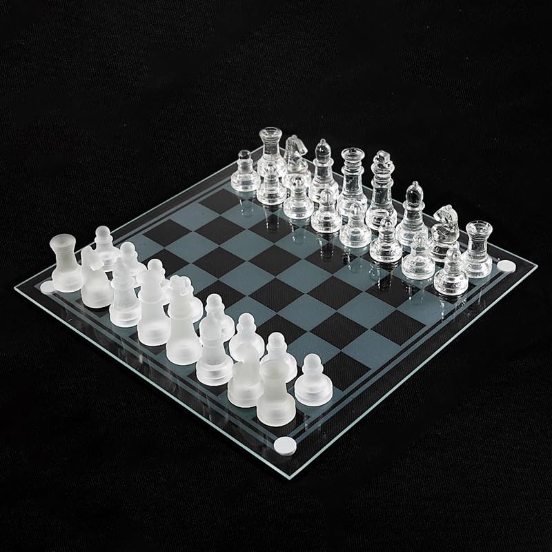 VR7 Juego de ajedrez de vidrio con parte inferior acolchada, juego de ajedrez de vidrio esmerilado y transparente para adultos, juego de mesa de lujo para 2 jugadores, juego de ajedrez de cristal